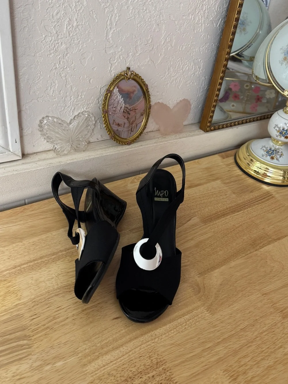 IMPO Black Stretch Slingback Wedge Sandals Size 10 Y2K Peep Toe Comfort Heels